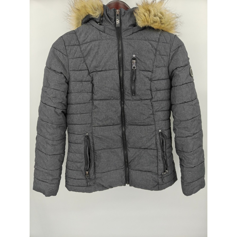 Nautica Womens Charcoal Grey Puffer Jacket Detachable Faux Fur Hood Small
